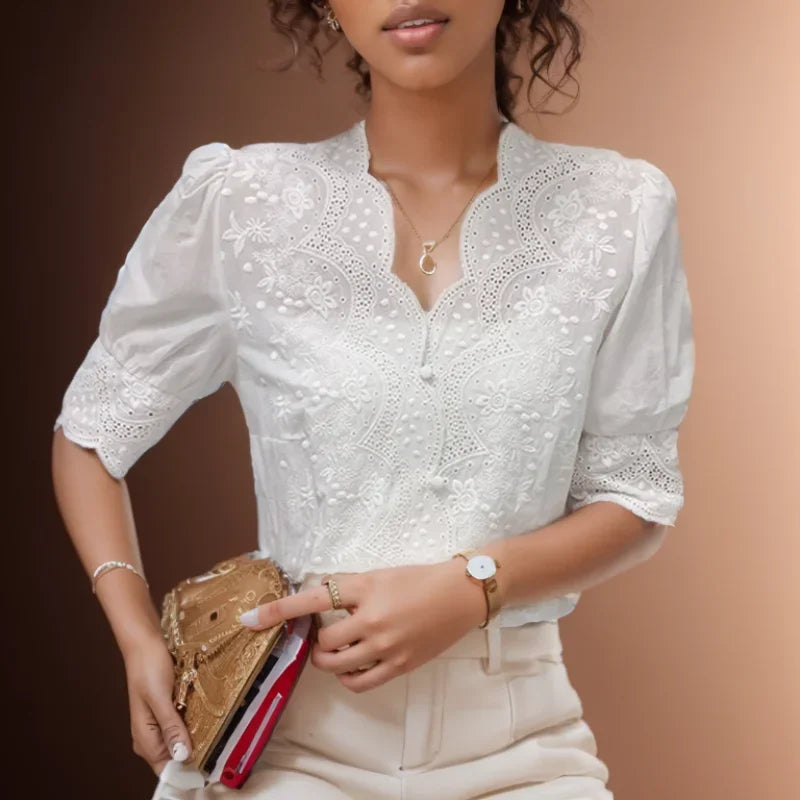 Blusa Casual em Algodão com Bordado e Manga Bufante Fiorenze