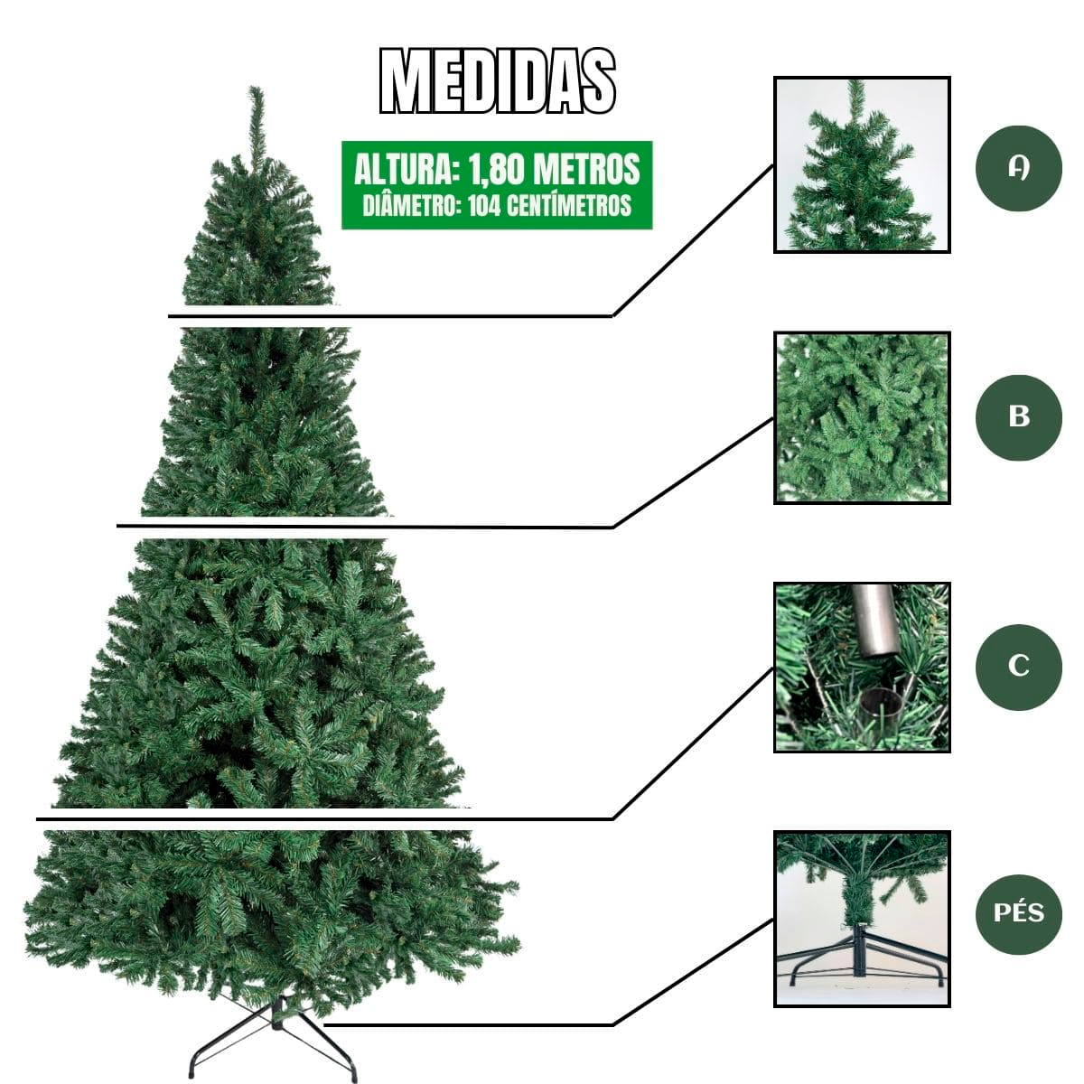 Árvore de Natal Pinheiro Canadense Luxo 1,80m – 800 Galhos Cheia, Premium Verde Tradicional Imperial