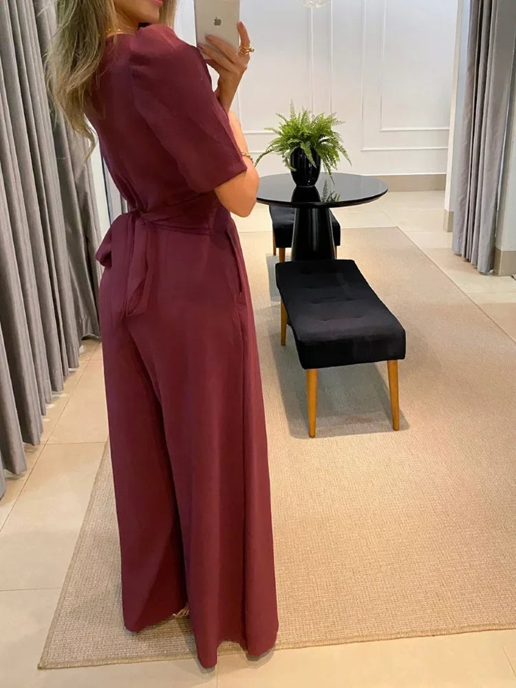 Macacão Longo Pantalona Gola V e Manga Princesa Fiorenze Elegance