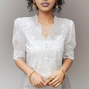 Blusa Casual em Algodão com Bordado e Manga Bufante Fiorenze