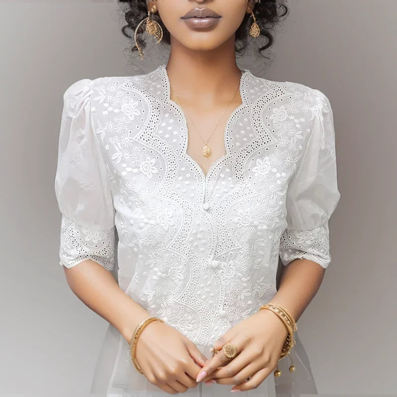 Blusa Casual em Algodão com Bordado e Manga Bufante Fiorenze