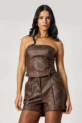 Top Strapless De Couro Sintético - CAFE